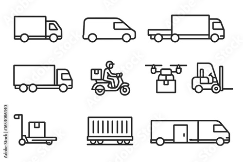 Logistics Vehicle Icons. Line style icons of logistics vehicles: delivery truck icon, cargo van symbol, flatbed truck, box truck,