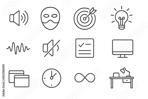 Focus Tool Icons. Line style icons of focus-enhancing tools: background noise app, distraction mask icon, focus booster, clarity