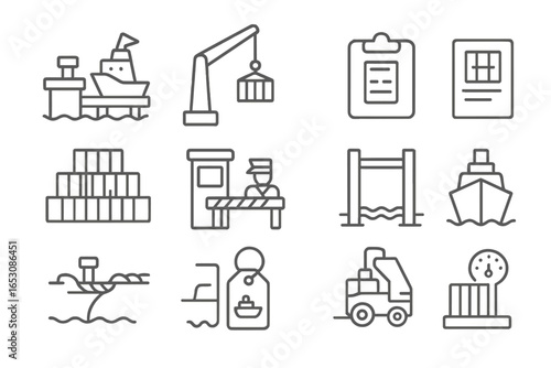 Marine Port Icons. Line style icons of marine port logistics: shipping dock icon, cargo crane arm, shipping manifest sheet, ship