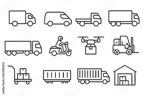 Logistics Vehicle Icons. Line style icons of logistics vehicles: delivery truck icon, cargo van symbol, flatbed truck, box truck,
