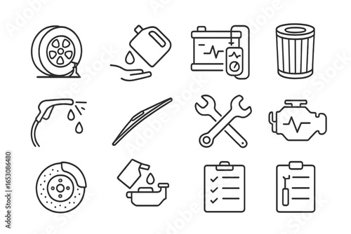 Vehicle Maintenance Icons. Line style icons of vehicle maintenance: tire replacement icon, oil change symbol, car battery test,