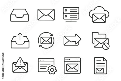 Email Icons Set. Line style icons of email and webmail: inbox icon, email envelope, SMTP server icon, IMAP cloud, outbox symbol,
