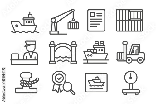 Marine Port Icons. Line style icons of marine port logistics: shipping dock icon, cargo crane arm, shipping manifest sheet, ship