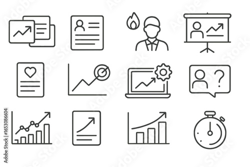 Startup Pitch Essentials. Line style icons of startup pitch essentials: pitch deck slides, elevator pitch card, startup founder