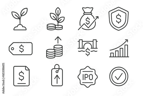 Startup Funding Icons. Line style icons of startup funding stages: pre-seed icon, seed round icon, Series A icon, Series B icon,