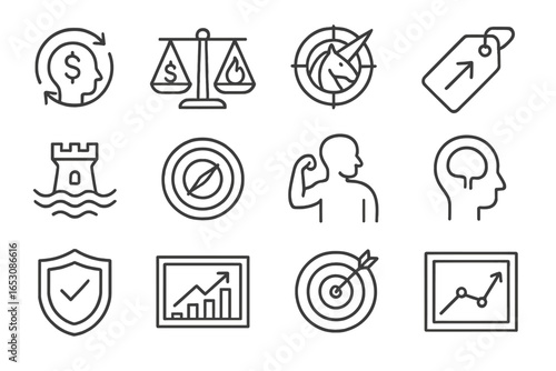 Investor Mindset Icons. Line style icons of investor mindsets: ROI mindset icon, risk vs reward scale, unicorn radar icon,