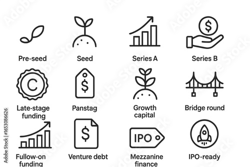 Startup Funding Icons. Line style icons of startup funding stages: pre-seed icon, seed round icon, Series A icon, Series B icon,