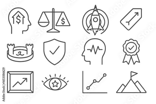 Investor Mindset Icons. Line style icons of investor mindsets: ROI mindset icon, risk vs reward scale, unicorn radar icon,