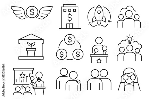 Startup Funding Icons. Line style icons of startup funding ecosystem: angel network icon, VC firm building, accelerator program