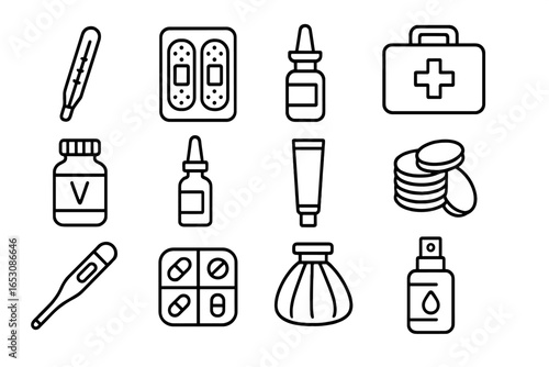Household Health Icons. Line style icons of household health items: thermometer icon, bandage pack, medicine bottle, first aid kit