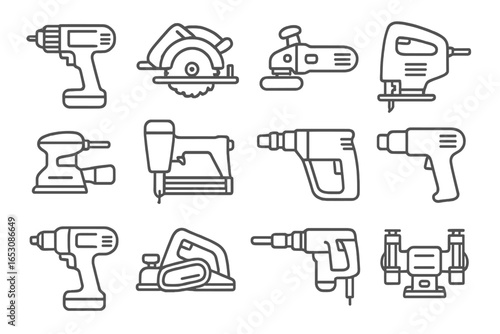 Power Tools Icons. Line style icons of power tools: cordless drill, circular saw, angle grinder, jigsaw icon, electric sander,