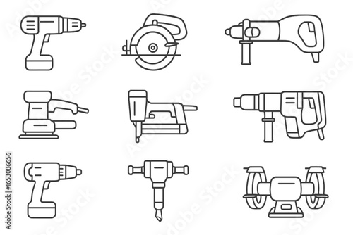 Power Tools Icons. Line style icons of power tools: cordless drill, circular saw, angle grinder, jigsaw icon, electric sander,