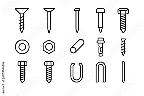 Carpentry Fastener Icons. Line style icons of carpentry fasteners: wood screw, finishing nail, brad nail, bolt icon, washer icon,