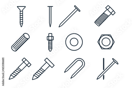 Carpentry Fastener Icons. Line style icons of carpentry fasteners: wood screw, finishing nail, brad nail, bolt icon, washer icon,