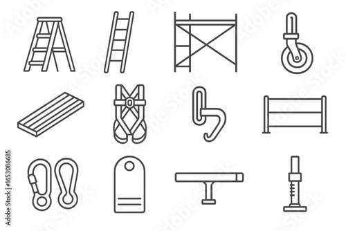 Scaffolding Icons Collection. Line style icons of scaffolding and ladders: step ladder, extension ladder, scaffold frame, scaffold