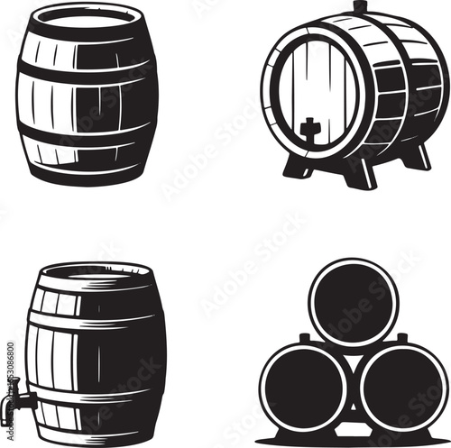 Set of Wine Barrel silhouette vector illustration isolated On Transparent Background