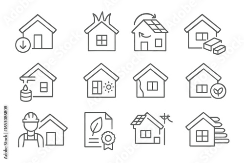 Sustainable Real Estate Icons. Line style icons of sustainable real estate: passive house, green roof, solar facade, reclaimed