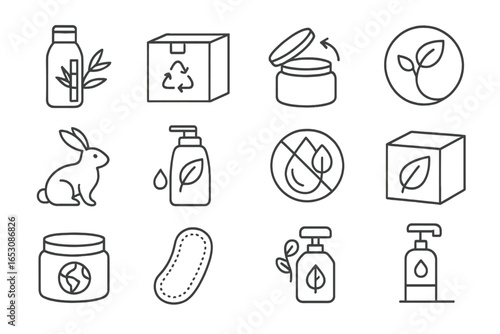 Eco-Beauty Icons. Line style icons of eco-beauty products: bamboo bottle, recycled packaging, refill jar, vegan label,