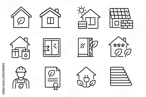 Sustainable Real Estate Icons. Line style icons of sustainable real estate: passive house, green roof, solar facade, reclaimed