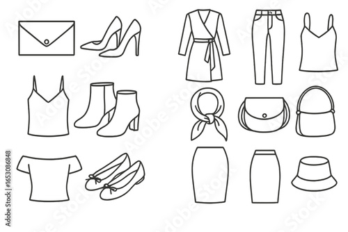 Women's Fashion Icons. Line style icons of women’s fashion items: clutch bag, stiletto heels, wrap dress, high-waisted jeans,