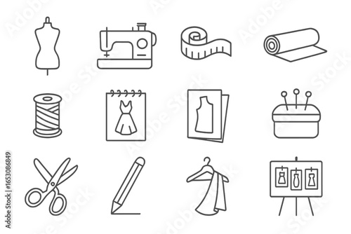 Fashion Studio Tools Icons. Line style icons of fashion studio tools: mannequin icon, sewing machine, measuring tape, fabric roll,