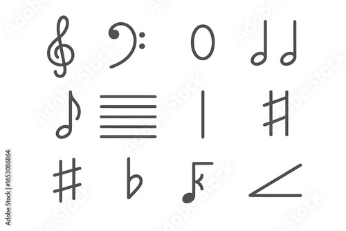 Sheet Music Icons. Line style icons of sheet music and notation: treble clef, bass clef, whole note, quarter note, eighth note,