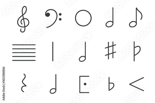 Sheet Music Icons. Line style icons of sheet music and notation: treble clef, bass clef, whole note, quarter note, eighth note,