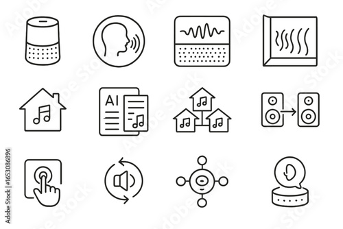 Smart Audio Line Icons. Line style icons of smart audio tech: smart speaker, voice command icon, sound recognition, room acoustics
