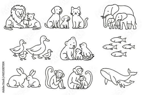 Animal Family Icons. Line style icons of animal families: lion family, dog with puppy, cat and kitten, elephant herd, duck with