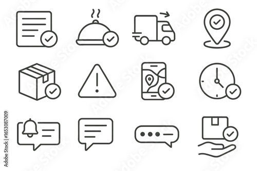Delivery Status Icons. Line style icons of delivery notifications: order received, meal prepared, out for delivery, near arrival