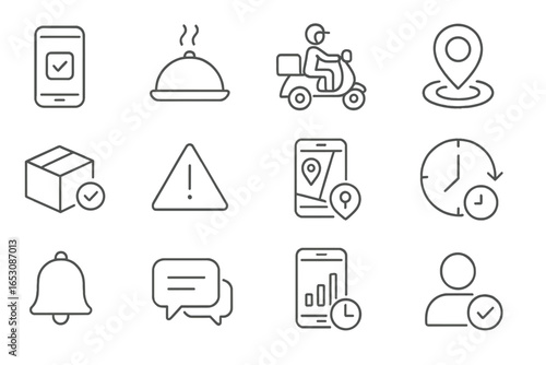 Delivery Status Icons. Line style icons of delivery notifications: order received, meal prepared, out for delivery, near arrival