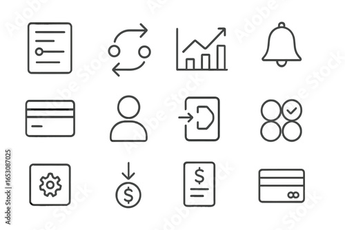 Banking Dashboard Icons. Line style icons of banking dashboard elements: recent activity, quick transfer icon, overview chart,
