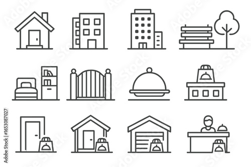 Food Delivery Icons. Line style icons of food delivery locations: house doorstep, apartment icon, office building, park bench,
