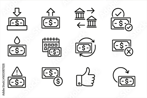 Financial Transaction Icons. Line style icons of financial transactions: money deposit, withdrawal icon, interbank transfer,