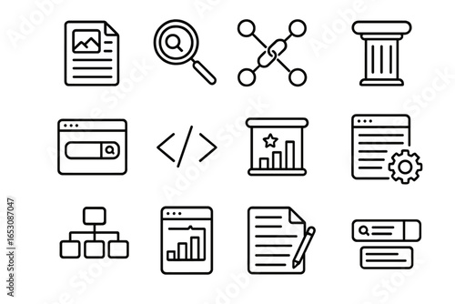 SEO Icon Set. Line style icons of SEO and content marketing: blog post icon, keyword research, backlink graph, search engine icon,