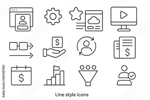 SaaS Marketing Icons. Line style icons of SaaS marketing: trial sign-up, feature icon, SaaS landing page, software demo,