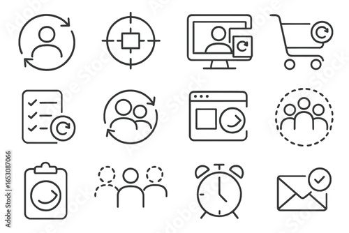 Digital Marketing Icons. Line style icons of remarketing and retargeting: customer revisit, pixel tracking icon, behavior-based ad