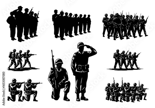 Collection of Silhouetted Soldiers in Various Military Poses Depicting Formation and Readiness for Action During a Formal Ceremony or Combat Engagement