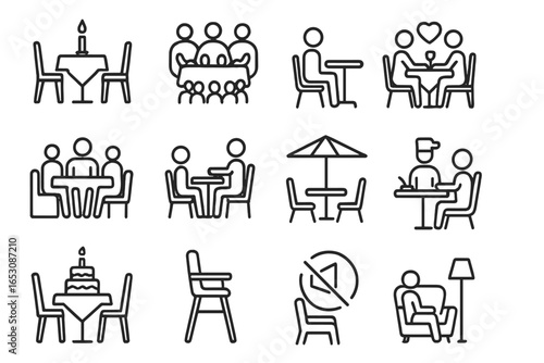 Dining Experience Icons. Line style icons of dining experiences: candlelight table, group dining icon, romantic dinner, family