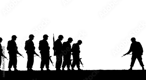 A squad of soldiers standing in formation with rifles during a military exercise or drill under bright sky with clear white background