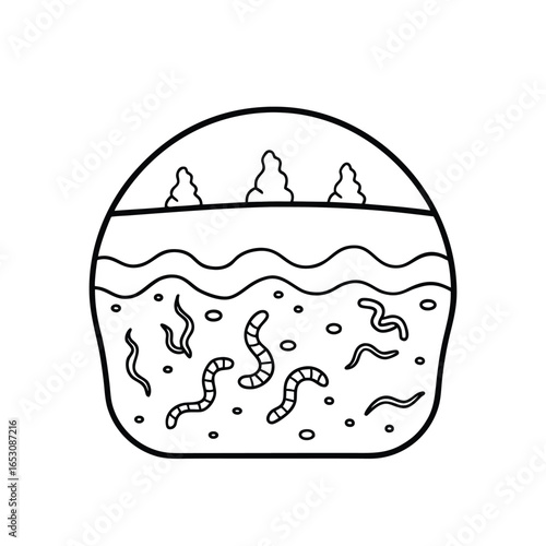 Minimalist Line Drawing of Soil Cross-Section with Trees Above and Worms Below in Monochrome Outline Style