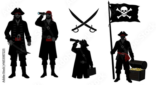 Silhouettes of pirates with swords telescopes a flag and a treasure chest against a white background illustrating maritime adventure and seafaring life