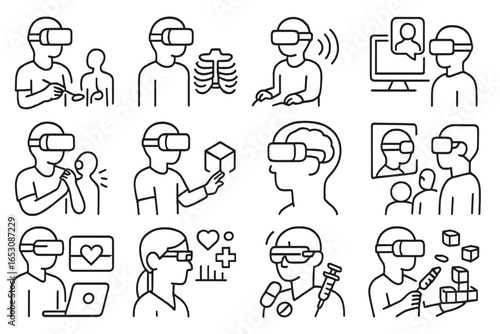 VR Medical Icons. Line style icons of medical and health in VR: virtual surgery icon, anatomy simulation, therapy in VR, remote