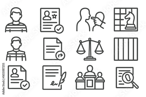 Criminal Justice Icons. Line style icons of criminal justice: suspect icon, crime report, legal accusation, defense strategy,
