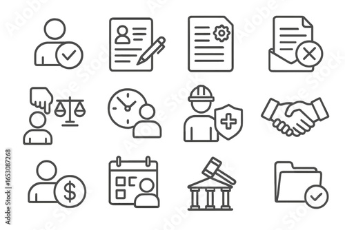 Employment Law Icons. Line style icons of employment law: employee rights icon, labor contract, workplace policy icon, termination