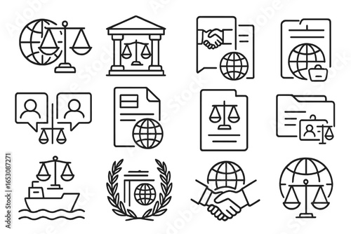International Law Icons. Line style icons of international law: globe with scale, international court icon, treaty icon,