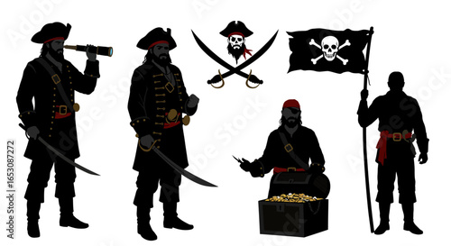 A Collection of Pirate Silhouettes Featuring a Captain with a Spyglass and a Crew Member Waving a Jolly Roger Flag Amidst Treasure Chests and Crossed Cutlasses