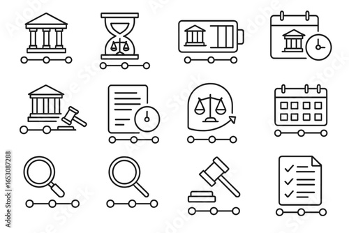 Legal Timeline Icons. Line style icons of legal timelines: trial timeline icon, statute of limitations, case progress bar, court