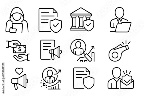 Whistleblower Protection Icons. Line style icons of whistleblower and protection: anonymous report icon, protected source icon,