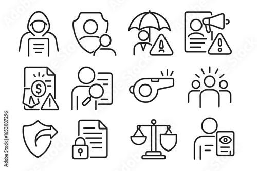 Whistleblower Protection Icons. Line style icons of whistleblower and protection: anonymous report icon, protected source icon,